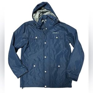 Eddie Bauer WeatherEdge Rain Jacket Mens Medium Blue Hooded Waterproof